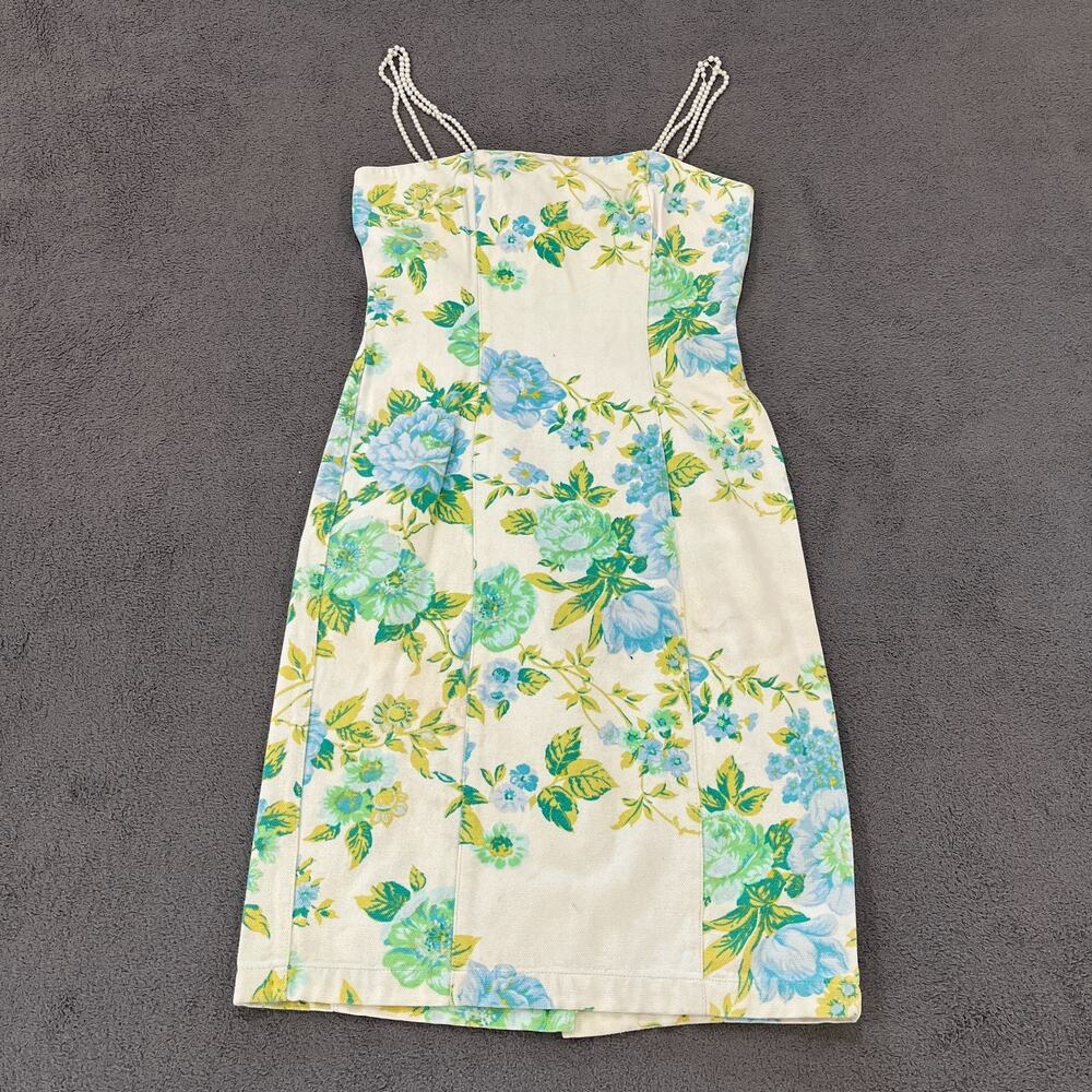 Sisley Relaxed Elegance Ivory Green Floral Pearl Straps Slip Dress Women's Sz 28